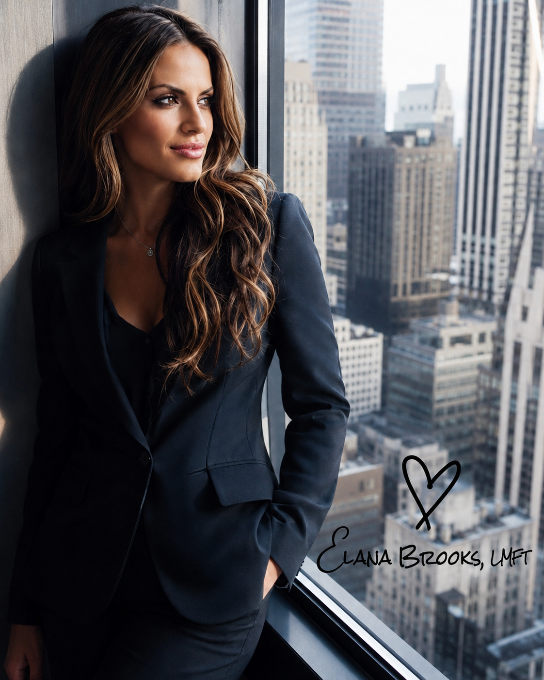Elana Brooks, LMFT — portrait by a window overlooking New York City, signed